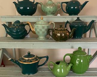 collection features several vintage Hall ceramic teapots in green