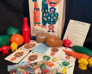 vintage 1964 Hasbro "Mr. Potato Head's Tooty Frooty Friends" set, featuring original plastic vegetables and parts