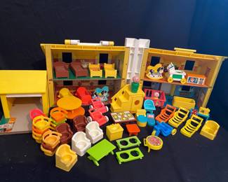 vintage Fisher-Price Play Family House, model #952 from 1969, features a iconic blue and yellow design with a functional doorbell