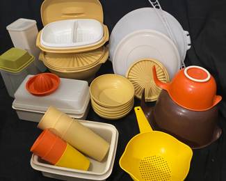 vintage lot of 1970s Tupperware brand food storage containers and kitchen gadgets