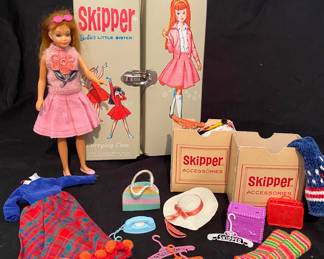 1964 Vintage Mattel Skipper Doll set, including her Barbie's Little Sister carrying case and various accessories