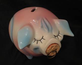 1957 Hull Pottery "Corky Pig" bank features a unique pink and blue glaze with a cork stopper in its nose