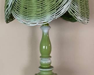 Vintage green lamp with wicker shade