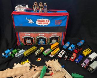 Thomas & Friends Wooden Railway System carrying bag, featuring a fabric-covered case designed to resemble Tidmouth Sheds
