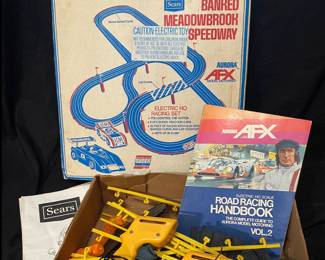 vintage Sears Aurora AFX Banked Meadowbrook Speedway HO scale electric racing set from the 1970s