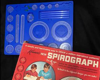 vintage 1967 Kenner Spirograph set, complete with its original blue plastic tray and stencil wheels