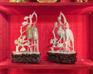 Pair of Celadon Crane Groups on Wood Stands 19th Century