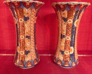 Pair of Japanese Fukagawa Imari Trumpet Vases Decorated in Floral Brocades Red Koransha Mark on Base Cir 1870