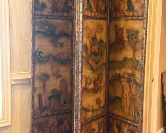 Flemish Leather Four Panel Screen Hand Painted with Classical Country Scenes, cir. 1880