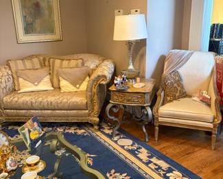 Designer, loveseat, chair, coffee table and lamp, beautiful furniture