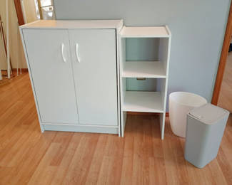 Lot 71: White shelving, waste baskets
