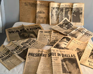 Lot 32: Vintage newspaper clippings and pages about the Kennedy assassination
