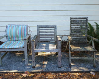 Lot 78: Three weathered wooden patio chairs with striped cushion