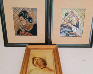 Lot 101: Three framed artworks: two MCM Coppercraft tile portraits and a vintage portrait print