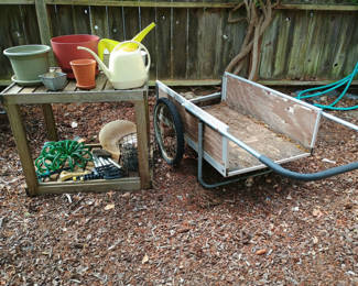 Lot 94: Potting bench, wood wagon, gardening