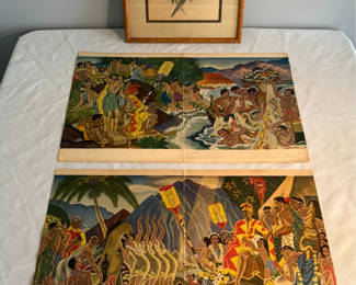 Lot 27: Framed parrot print and vintage Hawaiian menus