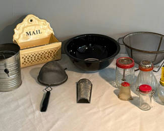 Lot 30: Vintage kitchen tools, jars, and mail holder
