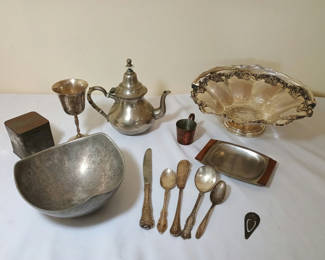 Lot 49: Vintage dishes, pewter, sterling, plated