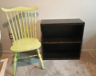 Lot 12: Vintage Distressed wooden shelf and chair