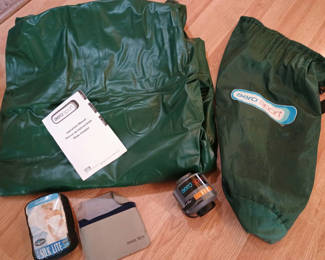 Lot 72: AeroSport Air Mattress with bag, Travel Gear Set with Green Bags, Silk Lite Liner