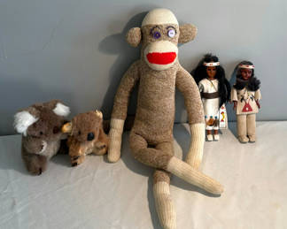 Lot 34: Sock Monkey, Plush Animals, and Native American‑Style Dolls