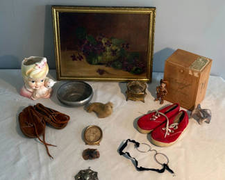 Lot 28: Framed floral painting with assorted vintage trinkets