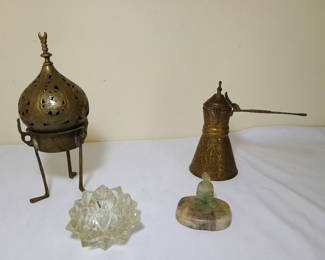 Lot 48: Brass incense censer, brass oil can, glass star sculpture, and jade Buddha figurine