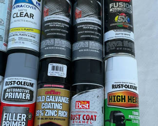 Lot 109: Assorted spray paint cans, primers, sealants, and coatings
