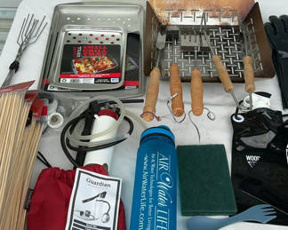 Lot 59: BBQ grilling tools, bamboo skewers, grill trays, and Guardian microfilter kit