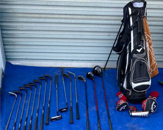 Lot 62: Golf clubs with bag, balls, and practice equipment