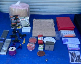 Lot 112: Assorted Weather Seals, Sanding Materials, and Hardware Tools