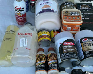 Lot 120: Assorted woodworking adhesives, finishes, fillers, and a Wagner heat gun