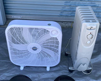 Lot 24: Box fans, portable fans, and an oil-filled radiator heater