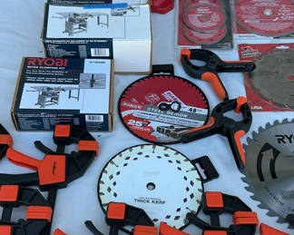 Lot 106: Ryobi Miter Clamping Kit with Accessories and Saw Blades