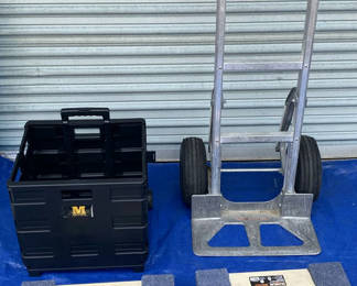 Lot 63: Magline hand truck with plastic crate and foam-padded wooden frames