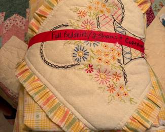 Absolutely gorgeous hand, stitched bed skirt, pillowcases, and matching curtains and valance
