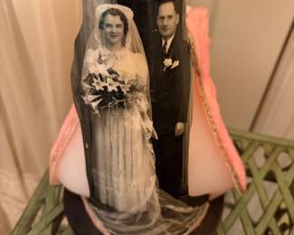 Actual wedding photo of 1930s wedding dress on display