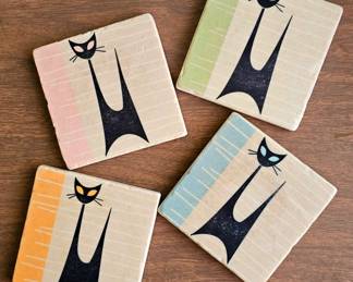 MCM Designed & Stylized Atomic Retro Black Cat set of 4 coasters.