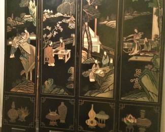Vintage Chinere 4 Panel Laquer Screen W/ Mother of Pearl and Stone Inlay In Need of Repair