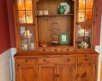 wooden pine hutch with glass display cabinets