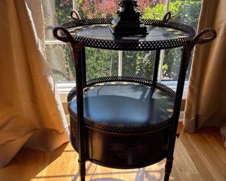 Italian 2-tier role drum table with gold swan neck handles
