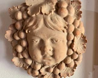 Terracotta Bacchus Cherub Wall Plaque with Grapes and Leaves