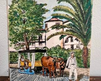 Vintage Hand-Painted Costa Rican Ox Cart Ceramic Tile Plaque