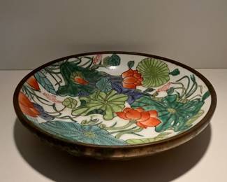 Japanese Porcelain Bowl with Lotus Floral Motif and Brass Rim for Geary's Beverly Hills