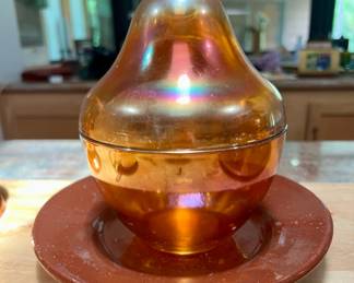 Vintage Jeannette Marigold Carnival Glass Pear Candy Jar