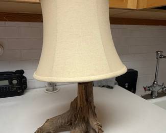 Unique Driftwood Table Lamp with Feather Finial and Linen Shade