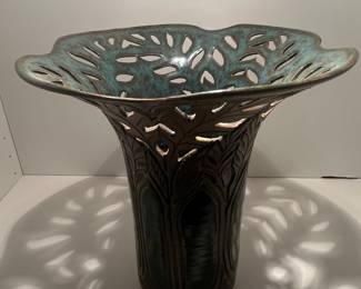 Susan Brown Freeman Signed Art Studio Pottery Blue Brown Incised Reticulated Vase