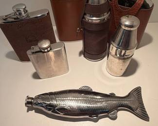 Collection of Vintage Flasks including a Fish-Shaped Flask