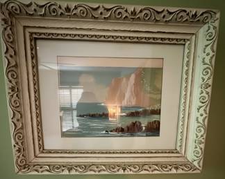 Vintage Coastal Landscape Painting Signed 'M. R.' in Ornate Gesso Frame