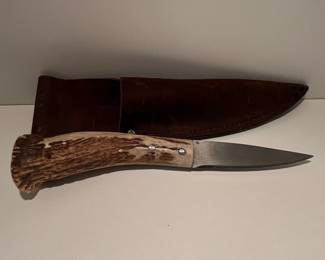 Antler Handle Hunting Knife with Leather Sheath